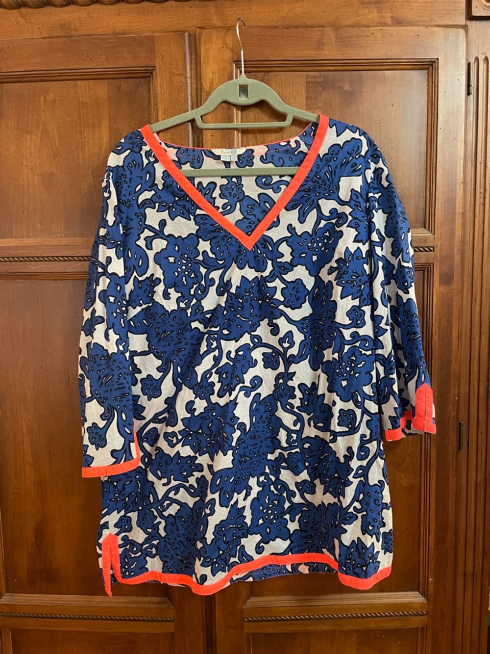 Boden Blue Floral Tunic with bright coral trim, US16 (UK20)